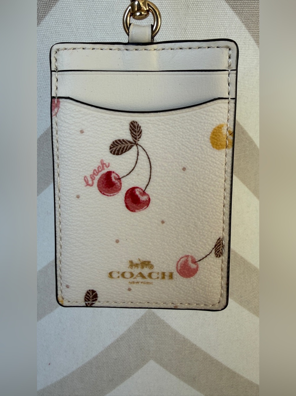 Coach White Cherry Print Leather ID Holder with Gold Hardware - Picture 3 of 4